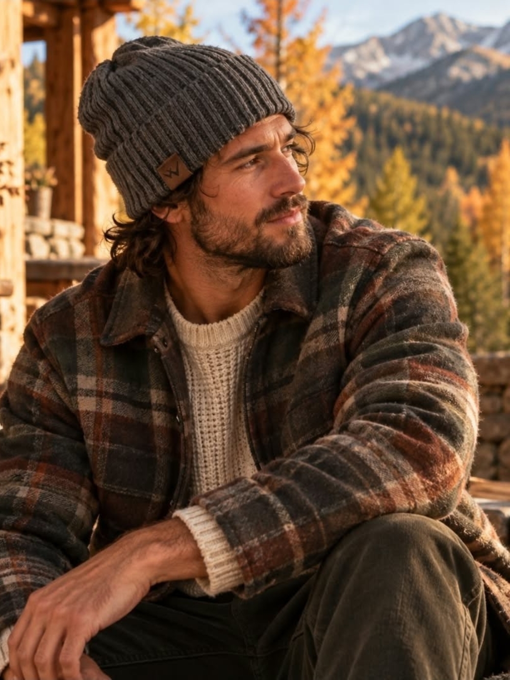 Charcoal Gray Rib Knit Beanie Leather Patch | Cabincore Outdoorsy Grunge Heritag